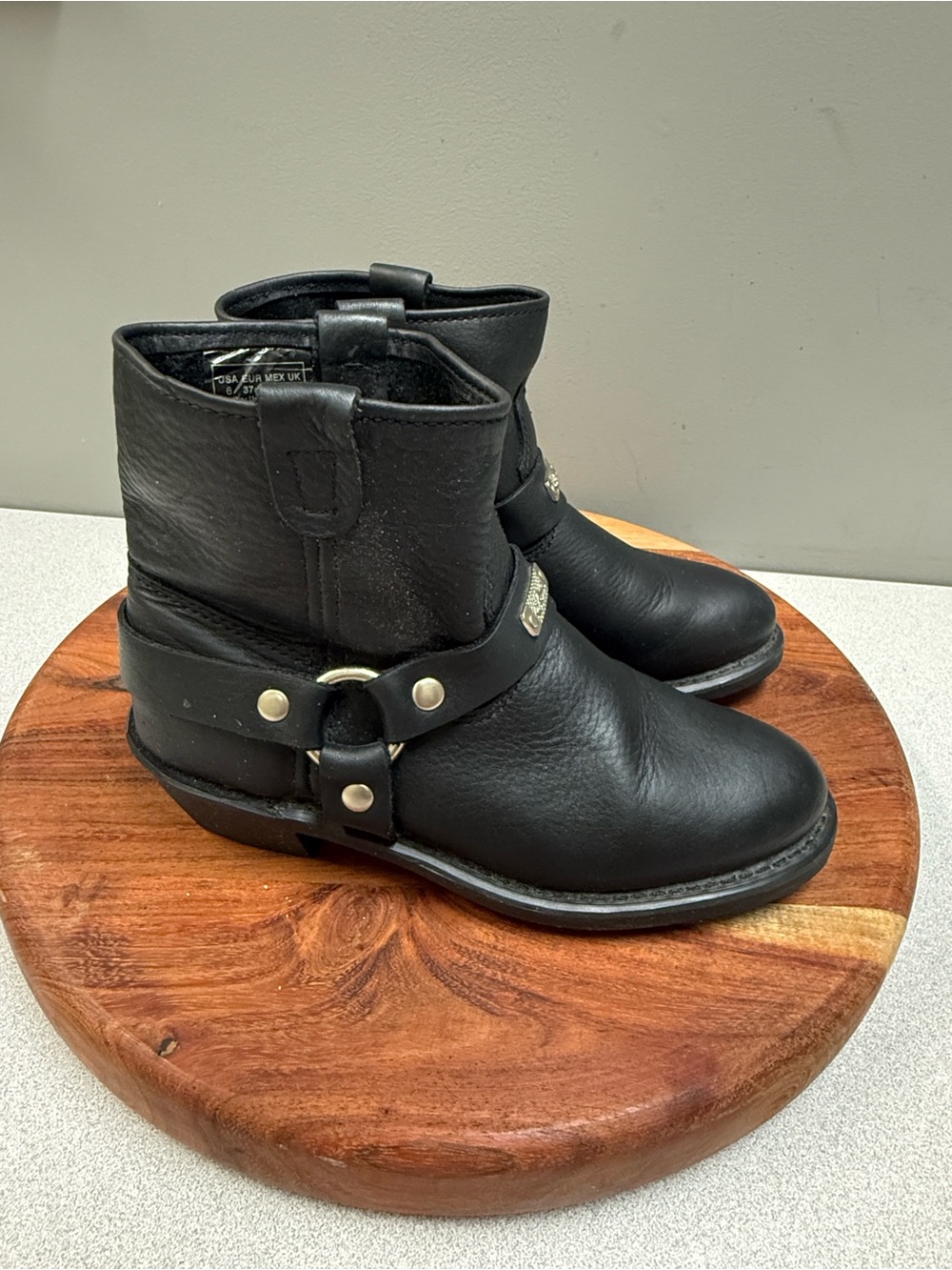 Black Leather Harness Ankle Boots